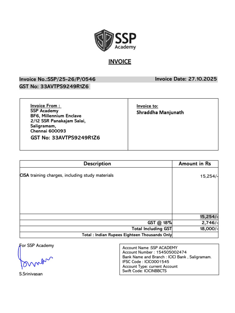 CISA Training Invoice from SSP Academy | PDF