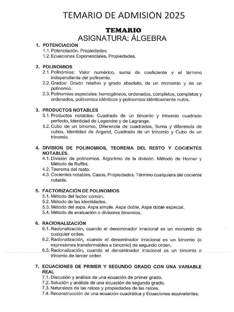 Temario de Admisión 2025: Álgebra y Aritmética | PDF | Compuestos ...