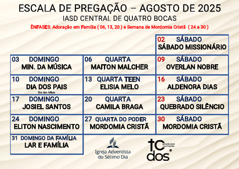 Escala de Pregação - Agosto 2025 | PDF