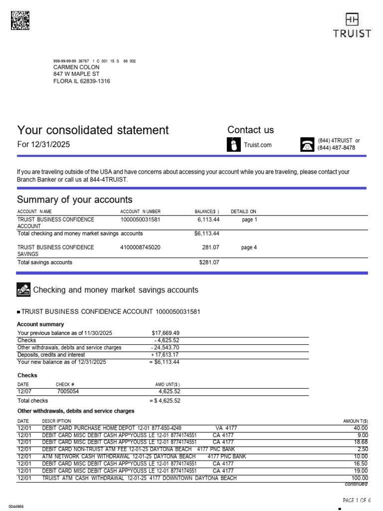 Truist Business Account Statement 2025 | PDF | Credit Card | Overdraft