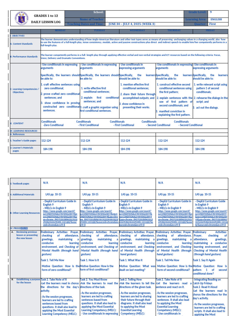 English 9 Daily Lesson Log: Conditionals | PDF | Learning | Cognitive ...