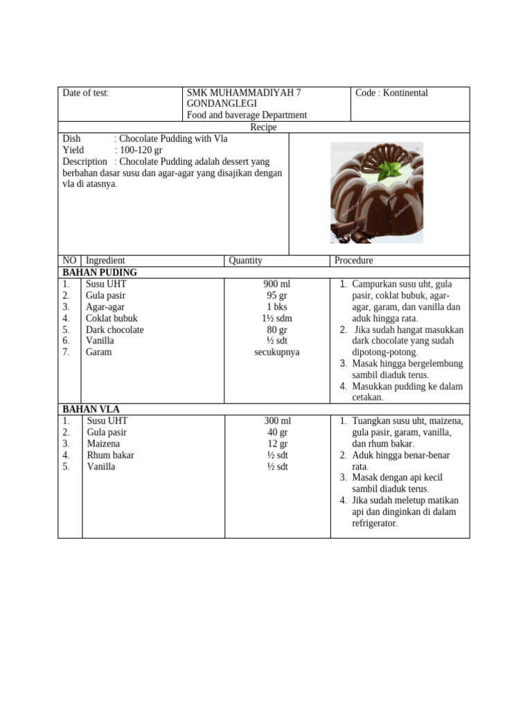 Standar Resep Chocolate Pudding With Vla | PDF