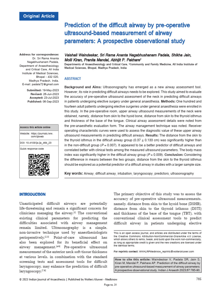 Ultrasound in Predicting Difficult Airway | PDF | Medicine | Clinical ...
