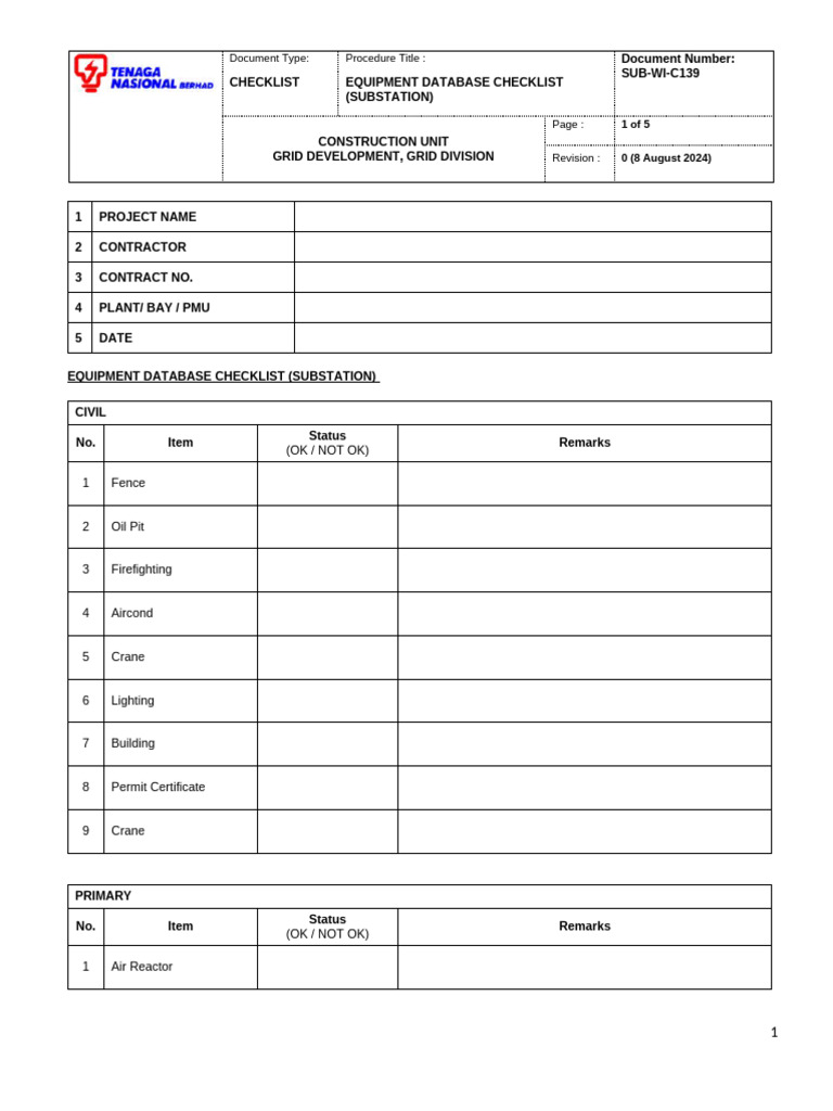 Substation Equipment Database Checklist | PDF | Manufactured Goods ...