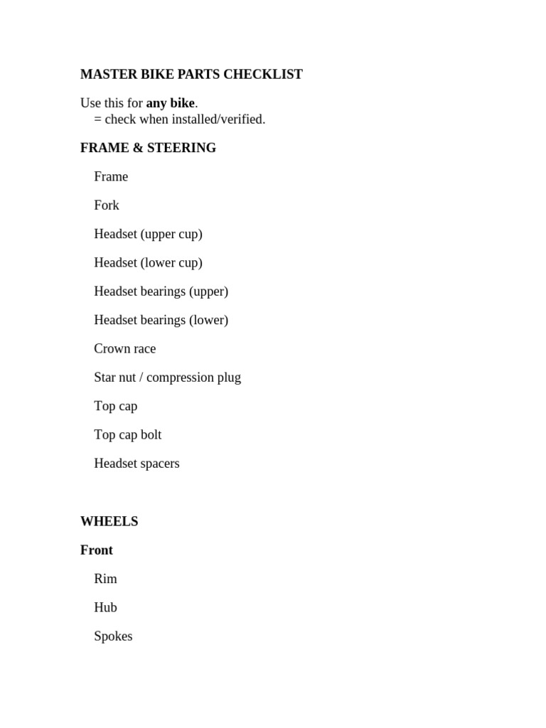 Comprehensive Bike Parts Checklist | PDF