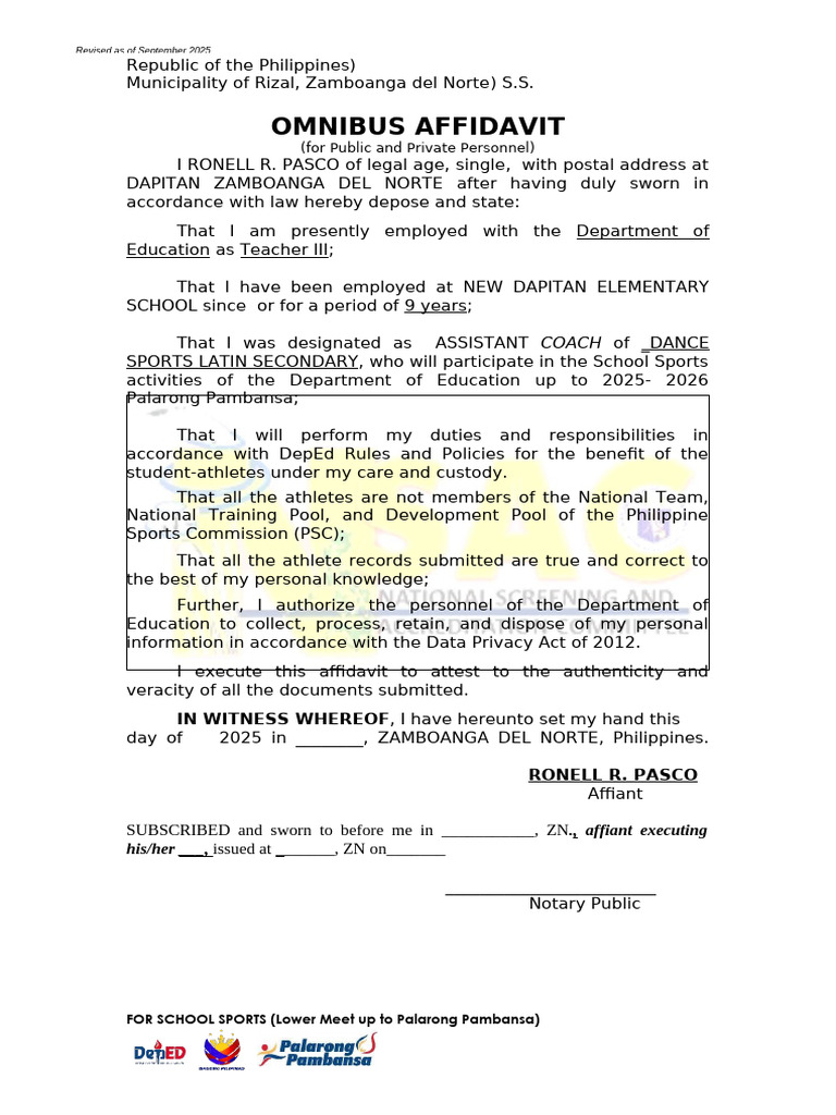 Omnibus Affidavit for School Sports | PDF