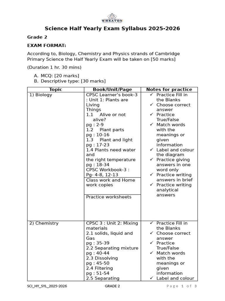 Grade 2 Science Exam Syllabus 2025-26 | PDF | Physical Sciences | Chemistry