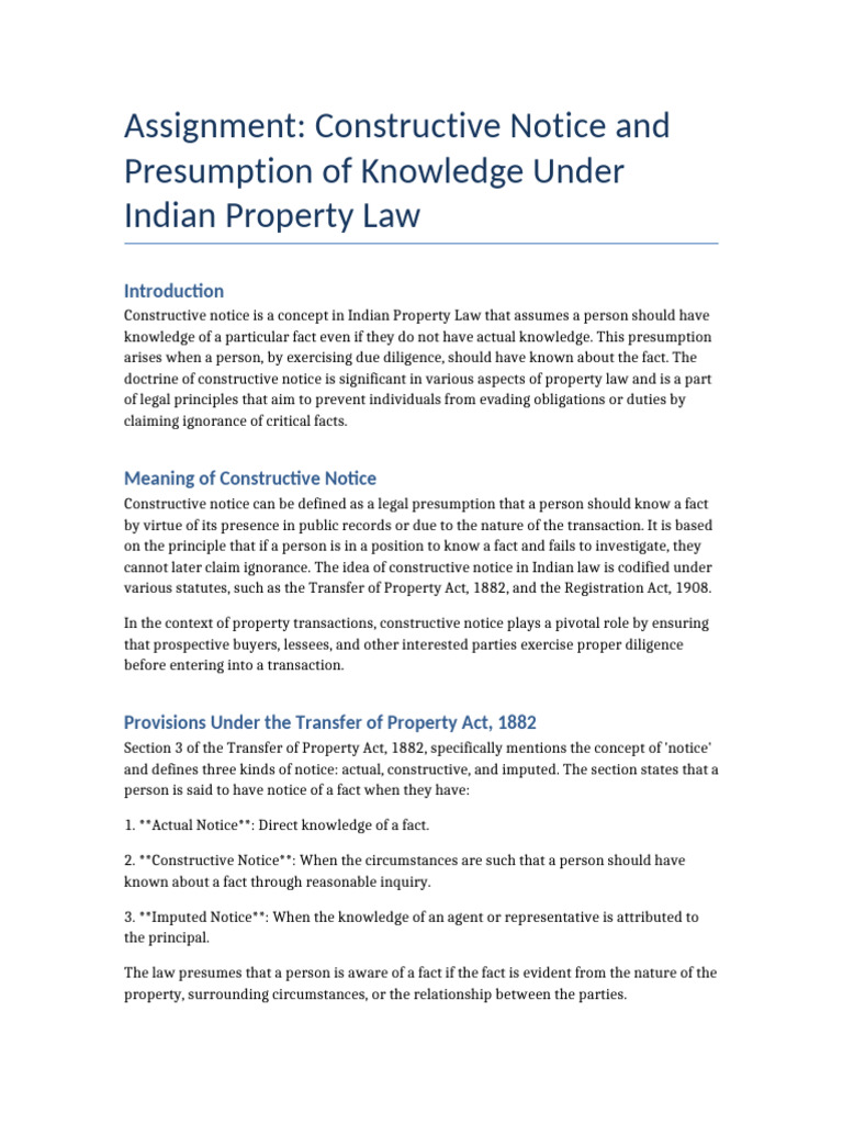 Constructive Notice in Indian Property Law | PDF | Knowledge | Property