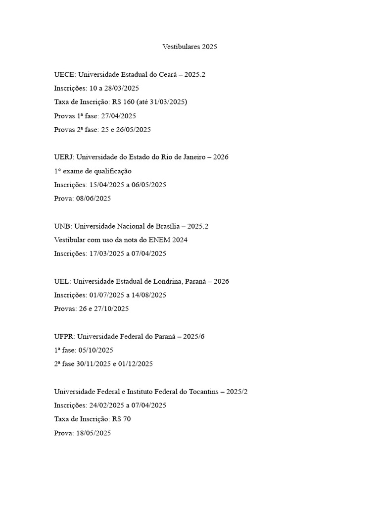Datas e Inscrições Vestibulares 2025 | PDF