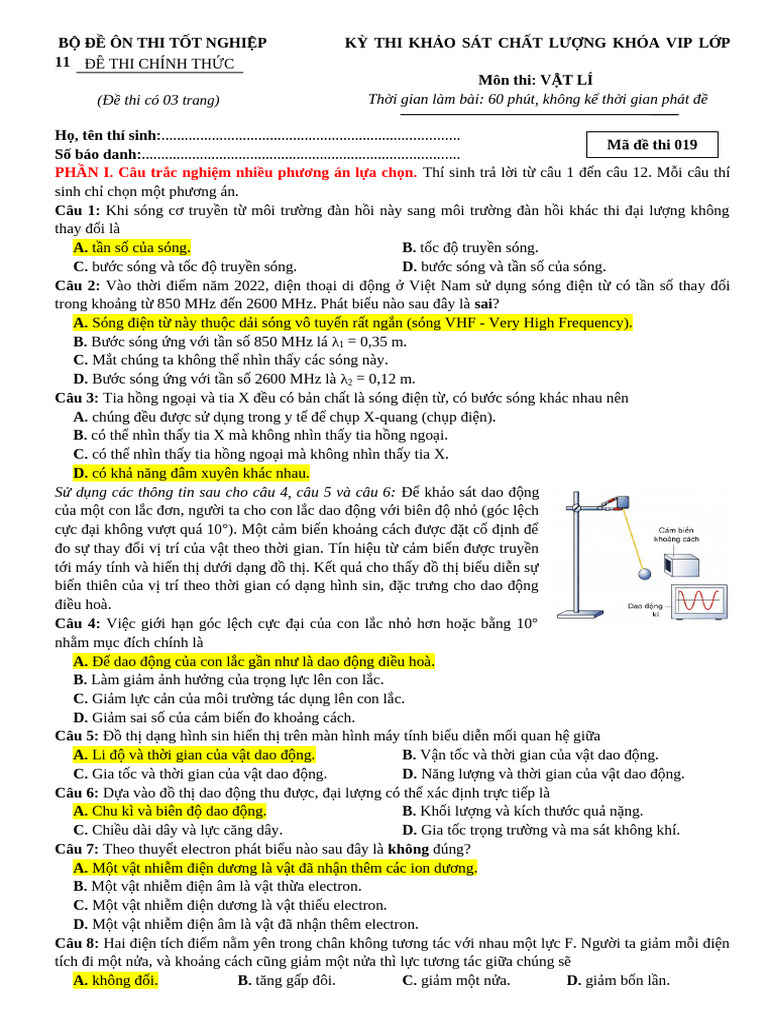 ĐỀ LÍ 2K5 - MÃ 020 | PDF