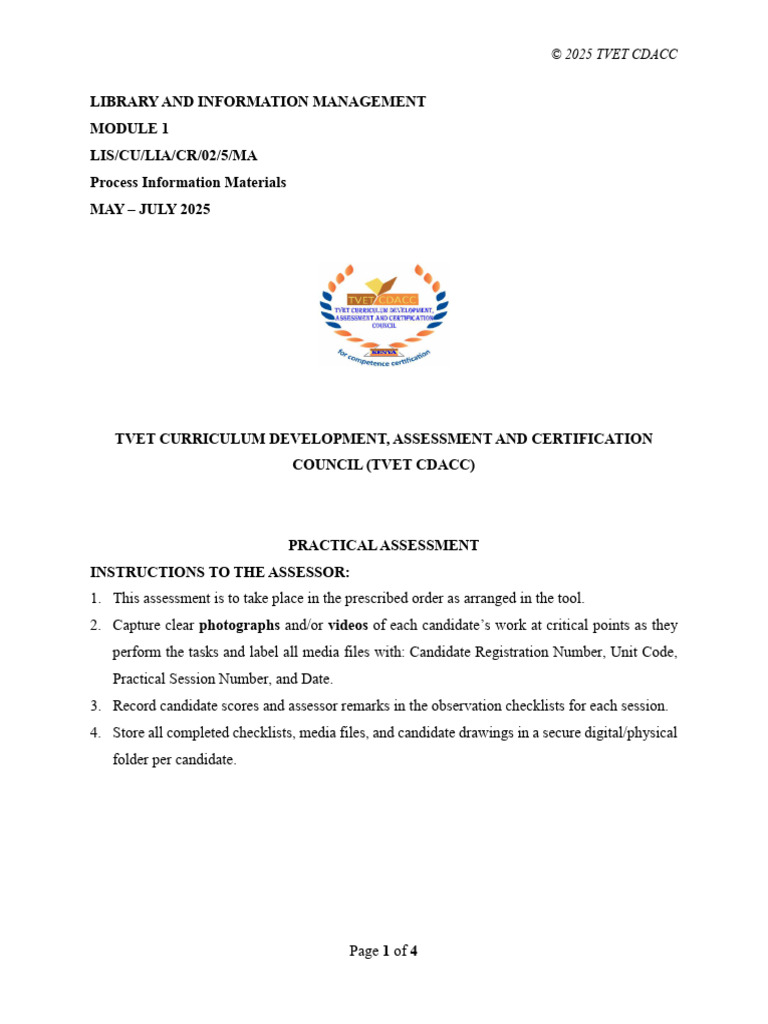 Practical Assessment Checklist Process Information Materials Level 5 (1 ...