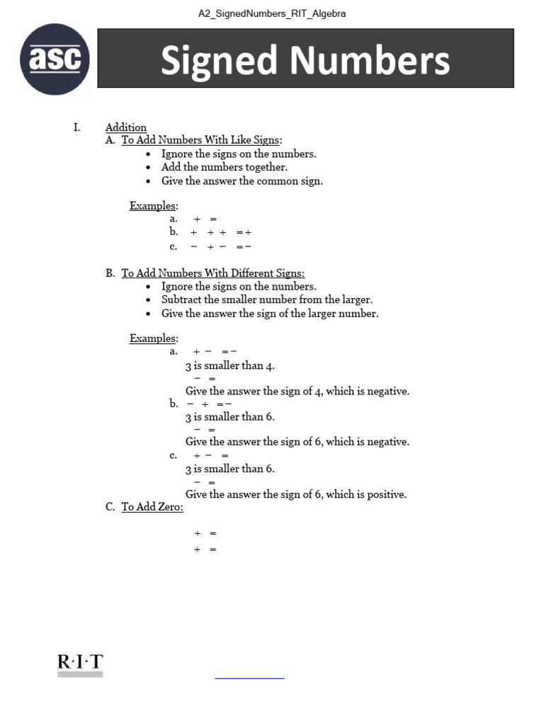 A2_SignedNumbers_BP_9_22_14 | PDF | Multiplication | Arithmetic