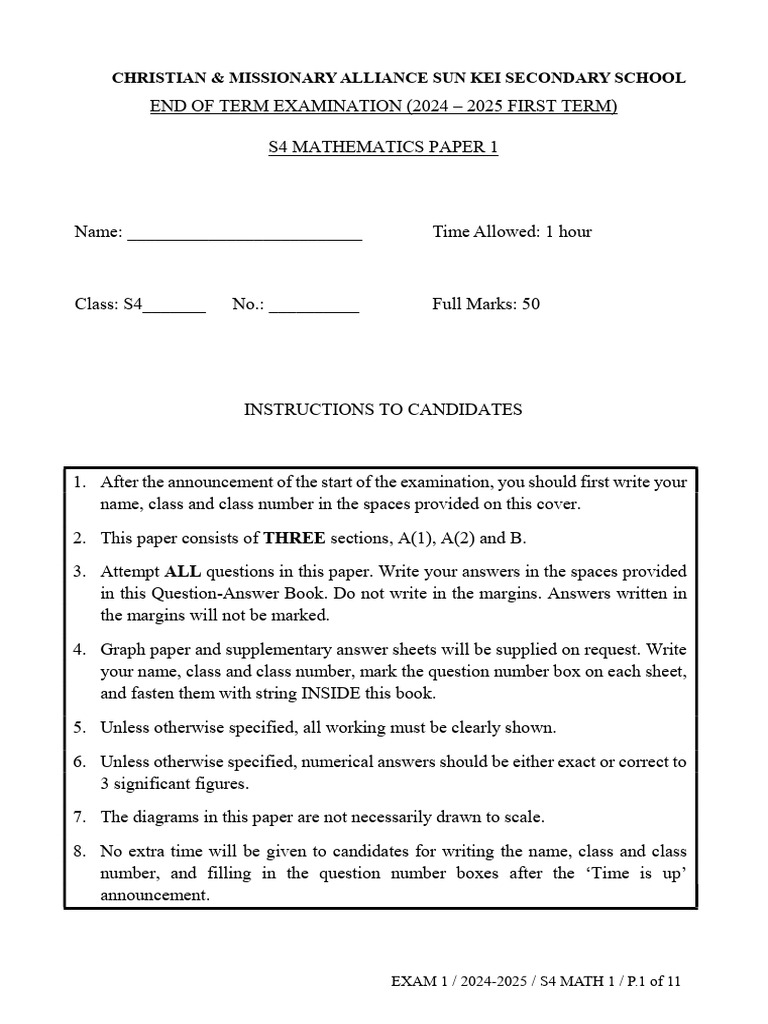 S4 Mathematics Exam Paper 1 2024-2025 | PDF | Numbers | Cartesian ...