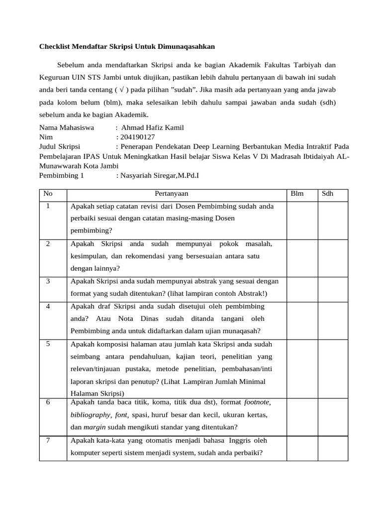 Checklist Pendaftaran Skripsi UIN STS Jambi | PDF