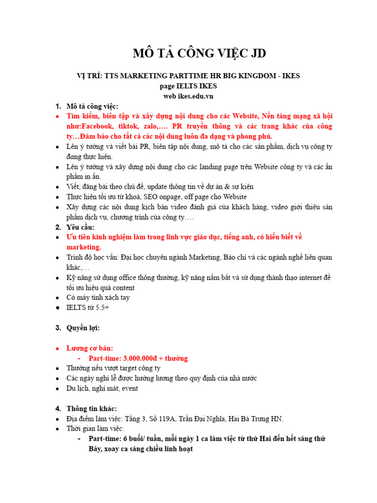 JD TTS Marketing Part-Time | PDF
