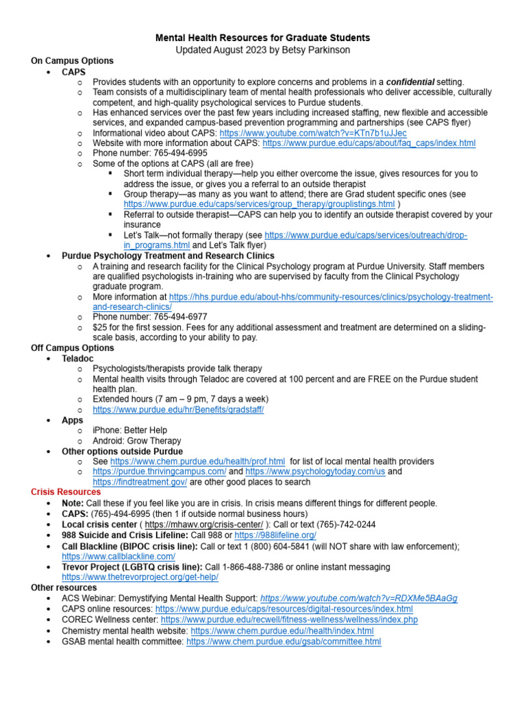 Graduate Student Mental Health Resources | PDF | Psychotherapy ...