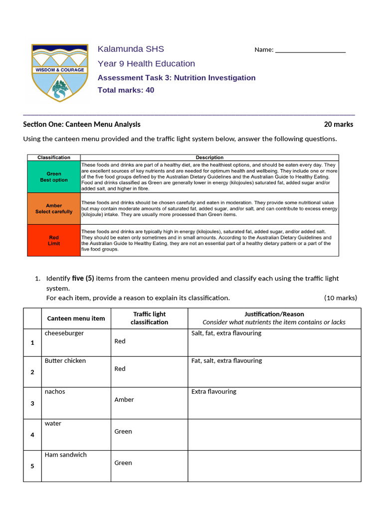 Year+9+Assessment+Task+3+ +Nutrition+10% | PDF