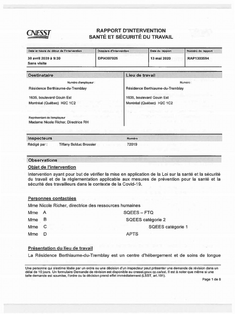 Rapport d'intervention CNESST Covid-19 | PDF | Santé publique