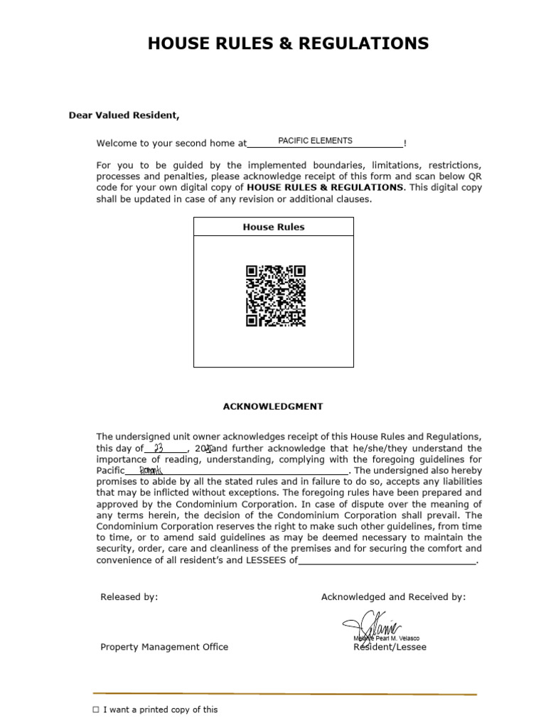 House Rules & Regulations Acknowledgment | PDF