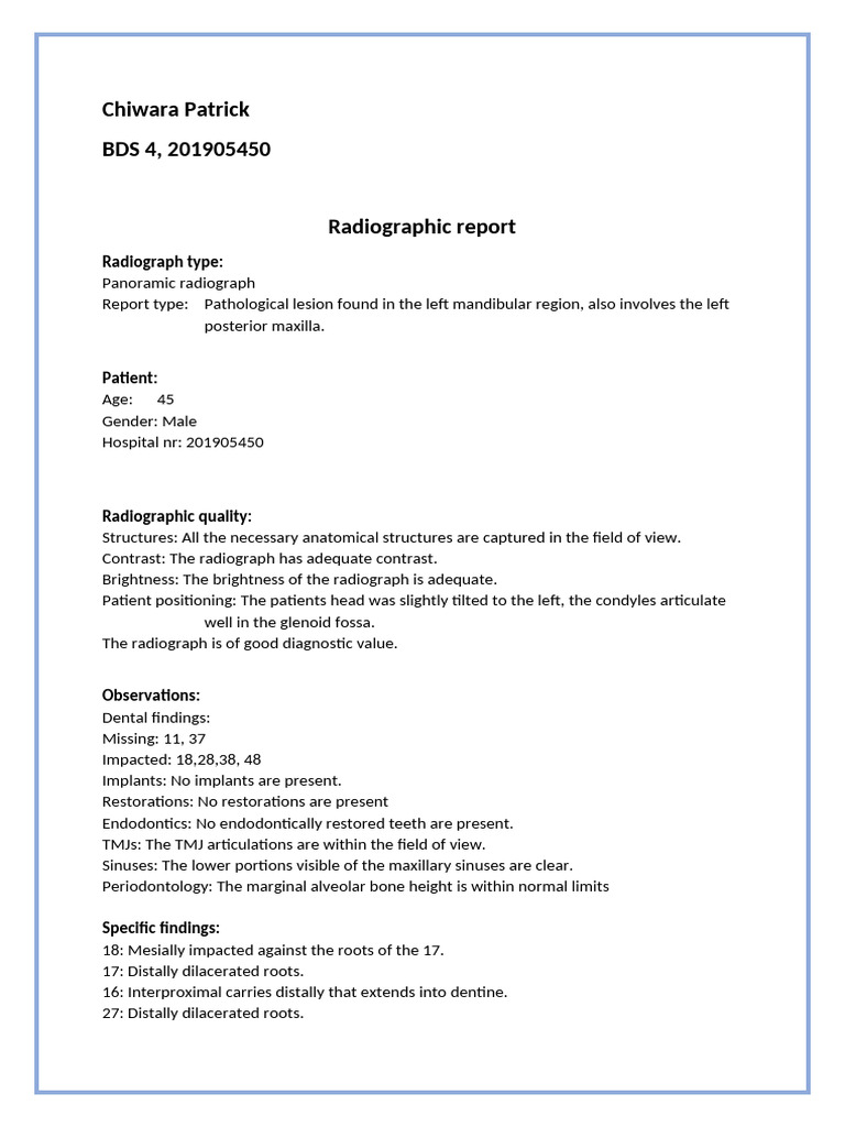 Panoramic Radiographic Report: Lesion Analysis | PDF | Dental Anatomy ...