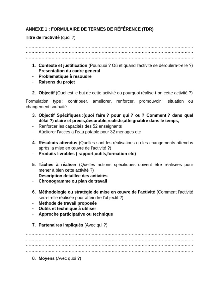 Formulaire de TDR pour Activité Projet | PDF