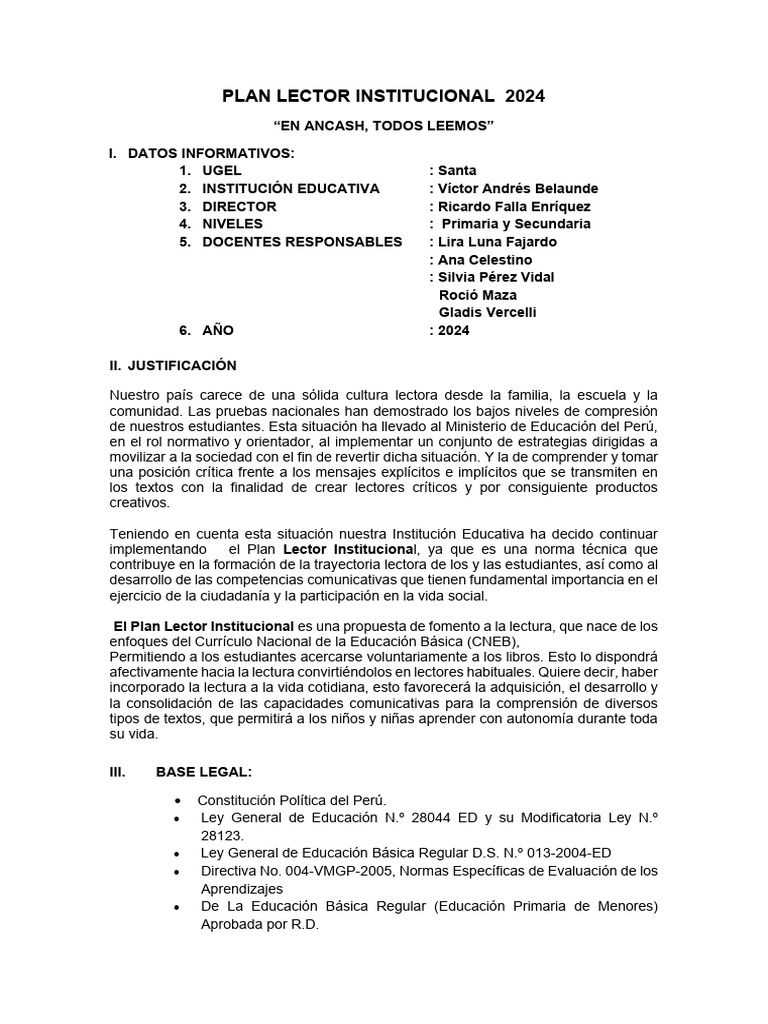 Plan Lector 2024: Fomento de la Lectura en Ancash | PDF | Educación ...