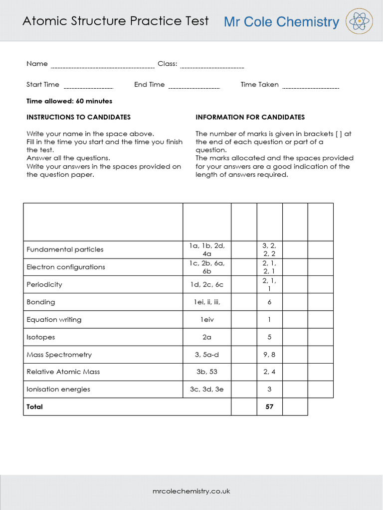 Atomic Structure Practice Test Guide | PDF | Atoms | Proton