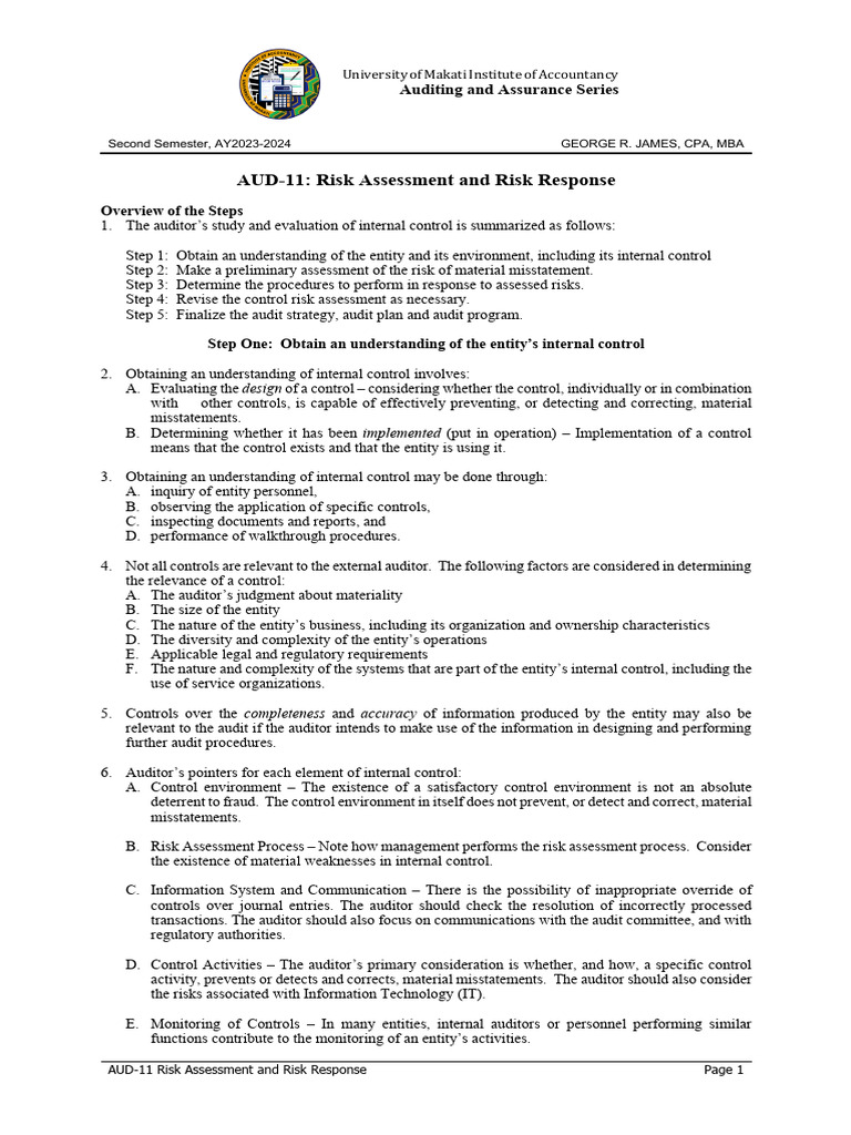 Risk Assessment in Auditing Procedures | PDF | Internal Control | Audit