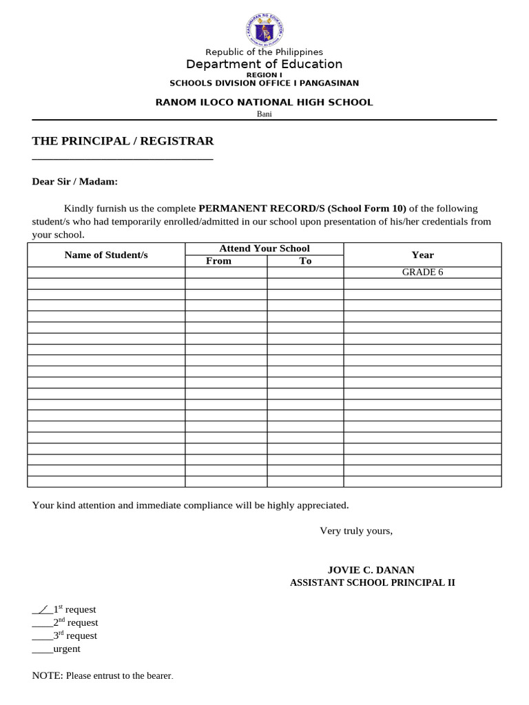 Request for Student Permanent Records | PDF