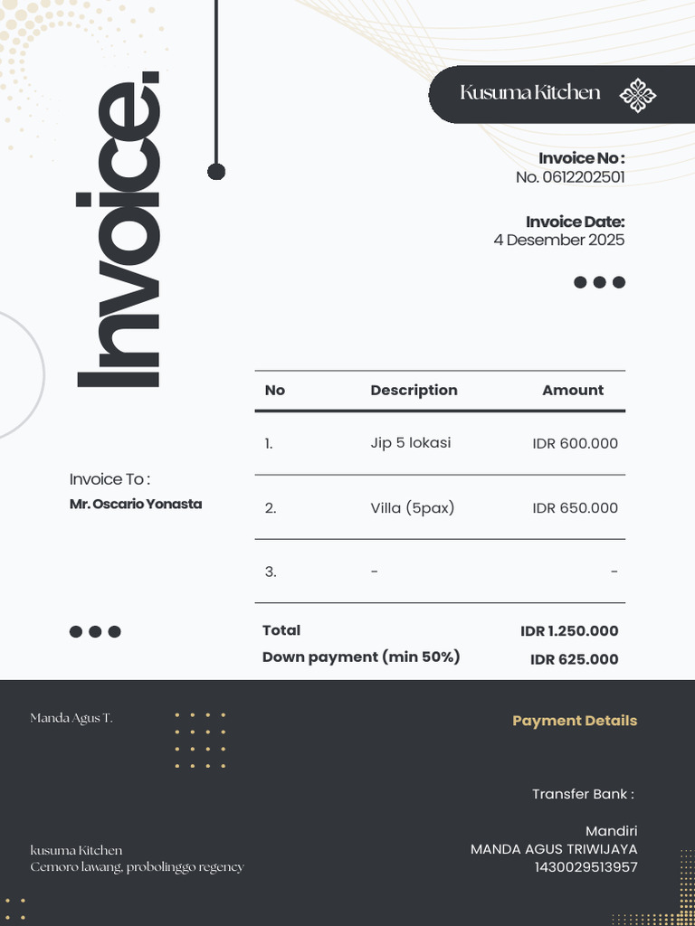 Kusuma Kitchen Invoice for Villa Booking | PDF