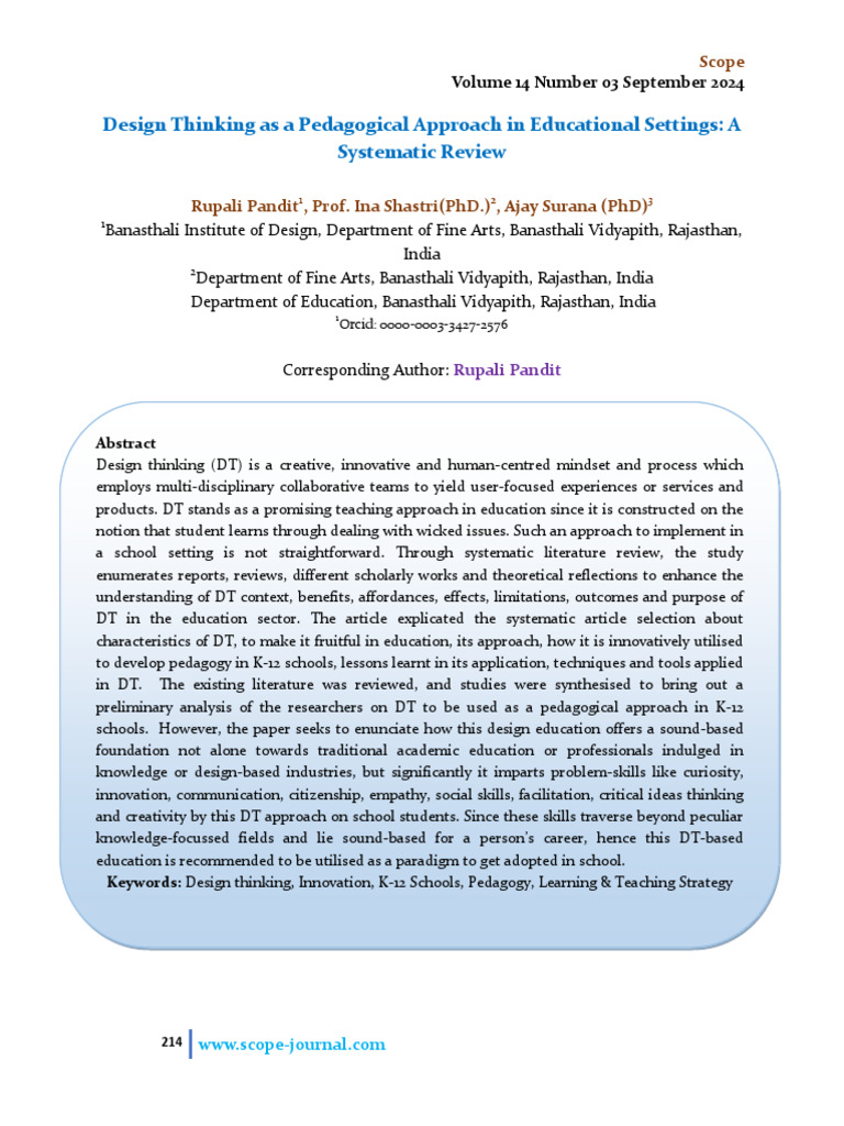 Design Thinking As A Pedagogical Approach in Educational Settings: A ...