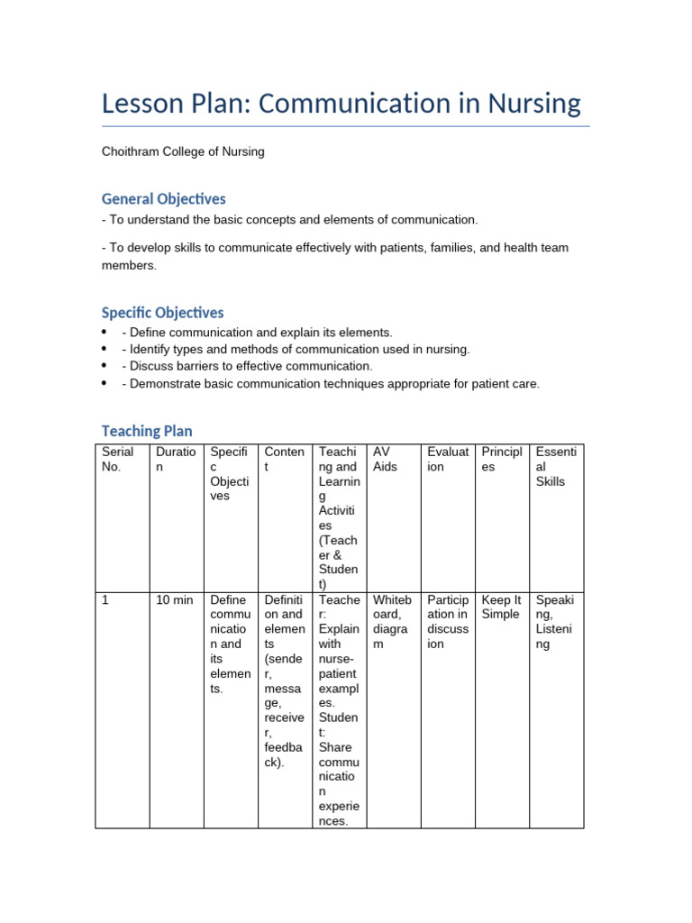 Nursing Communication Skills Lesson Plan | PDF