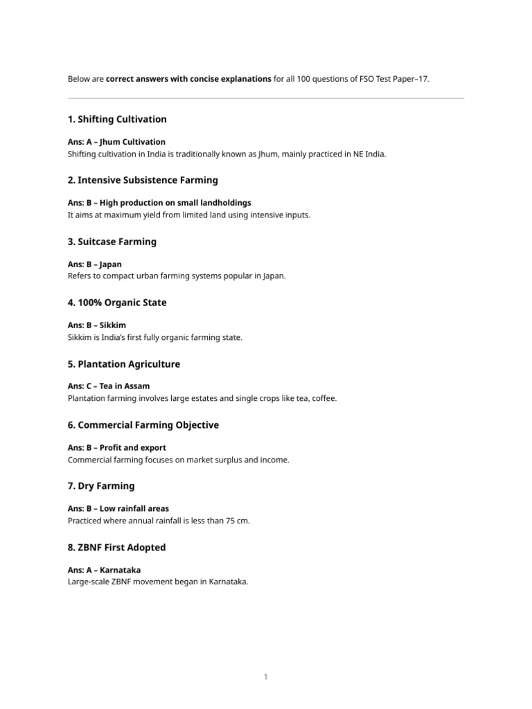 FSO Test Paper 17: Answers & Explanations | PDF | Agriculture ...