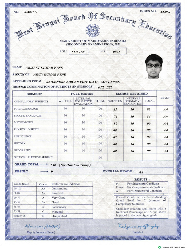 Class X Marksheet (Both Side) | PDF