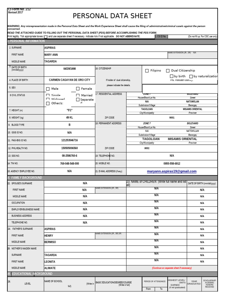 Personal Data Sheet (PDS) Template | PDF