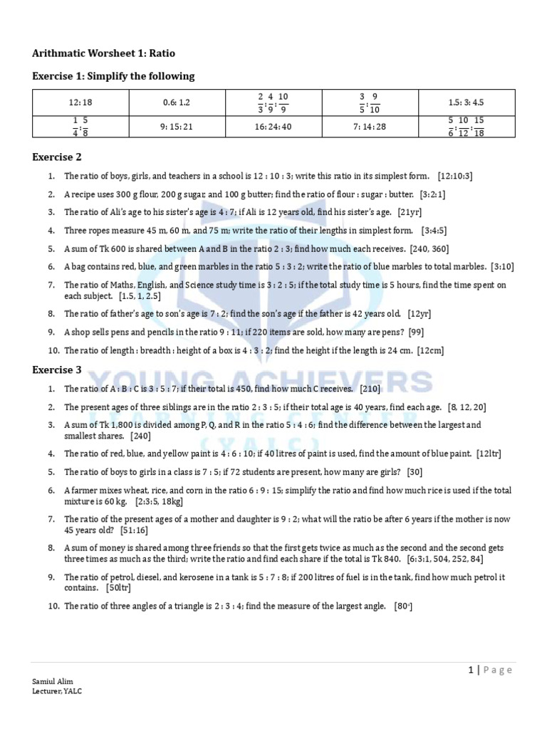 Ratio Simplification and Problems Worksheet | PDF | Ratio