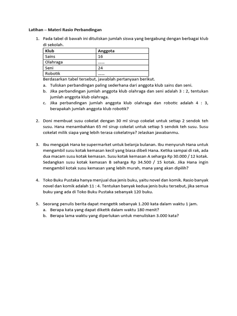 Latihan Rasio Perbandingan dan Matematika | PDF