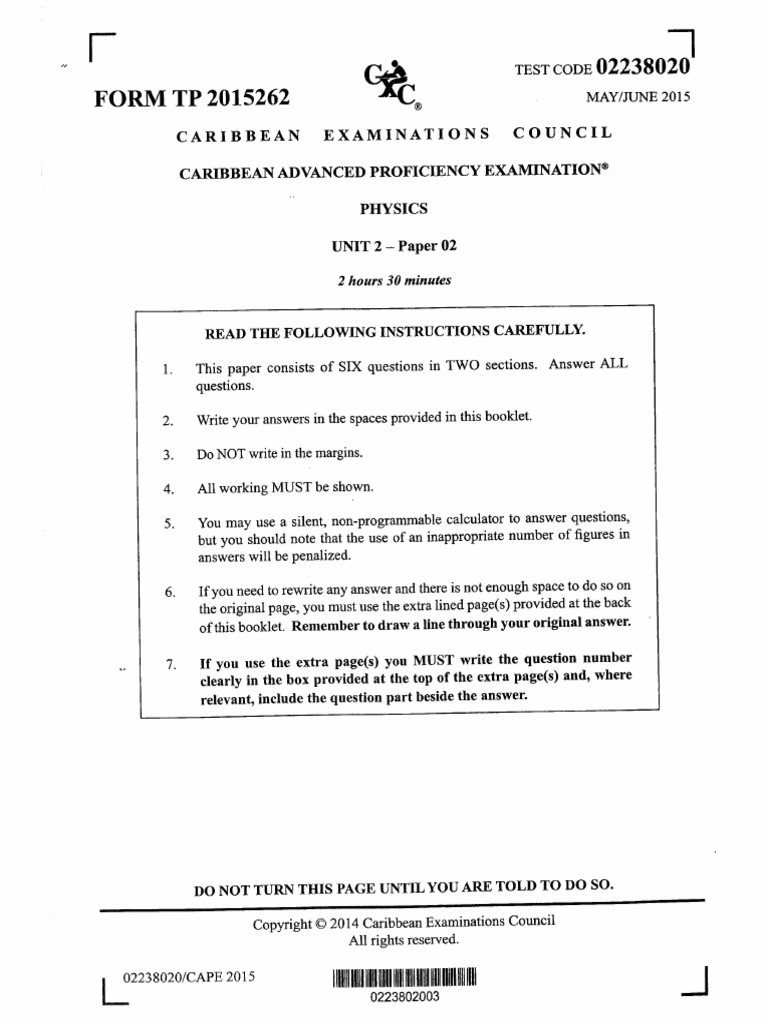 CAPE Physics Unit 2 Exam Paper 2015 | PDF | Mass | Inductor
