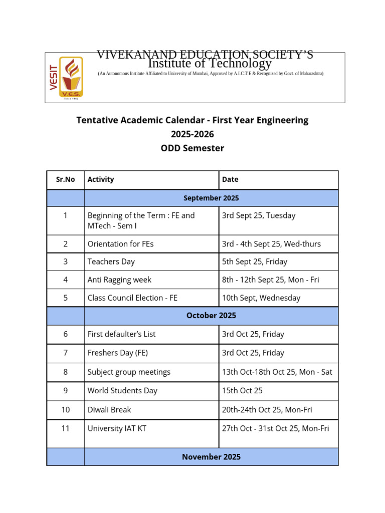 Academic Calendar - ODD Sem - 25-26 - F.E | PDF | Educational Stages