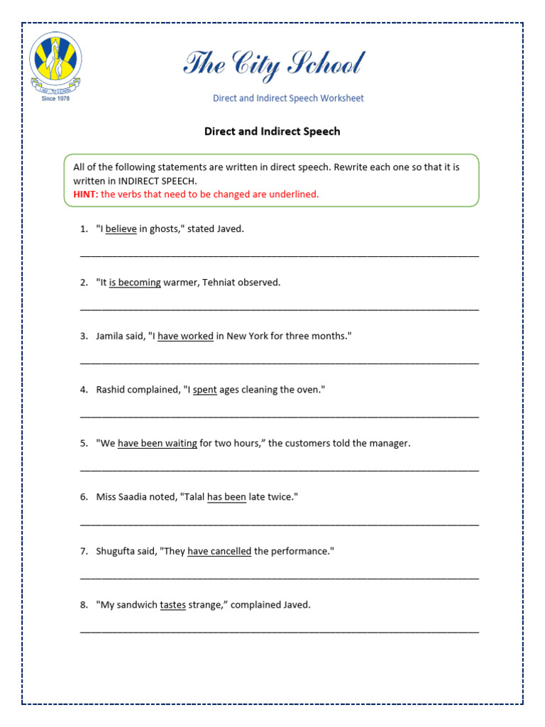 Direct and Indirect Speech Worksheet | PDF