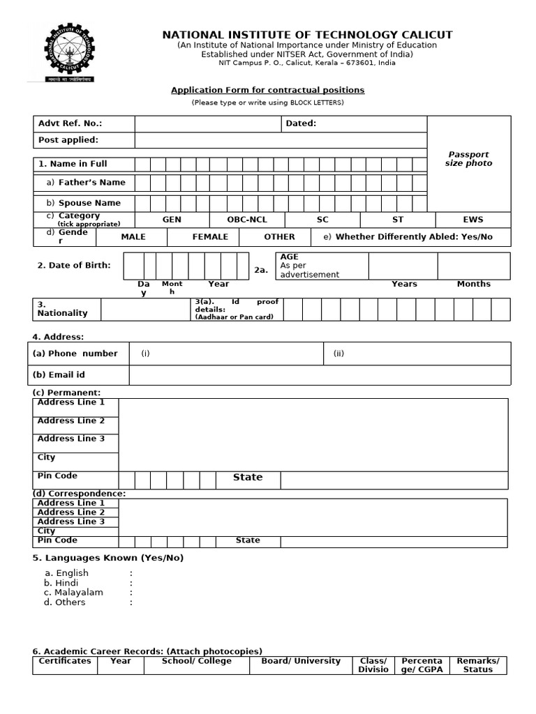 NIT Calicut Contractual Position Application | PDF