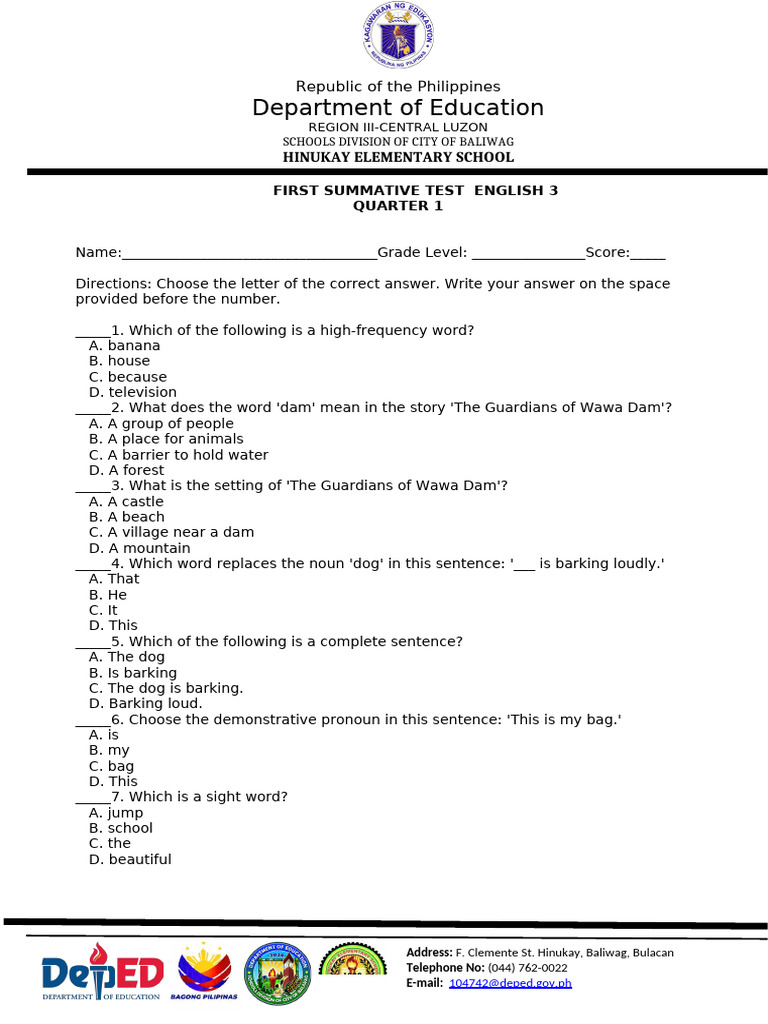 1st Summ - Test English 3 q1 | PDF | Syntax | Grammar