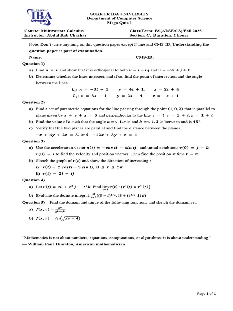 Multivariate Calculus Mega Quiz 2025 | PDF
