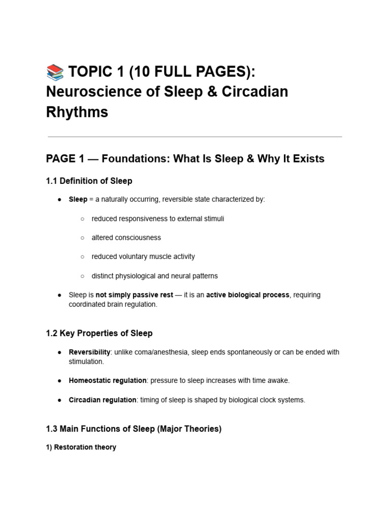 ? TOPIC 1 (10 FULL PAGES) - Neuroscience of Sleep & Circadian Rhythms ...