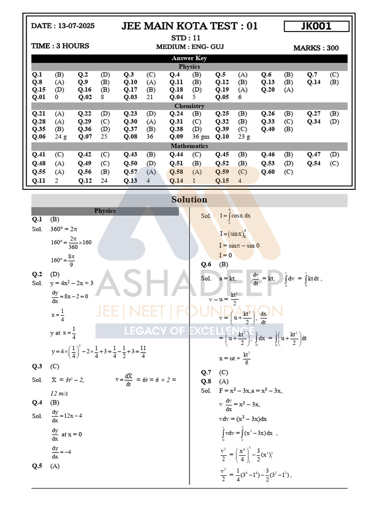 JEE Main Kota Test 01 Answer Key | PDF | Mathematics | Mathematical Objects