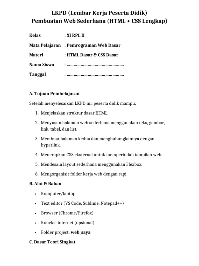 LKPD Pembuatan Web Sederhana HTML CSS | PDF