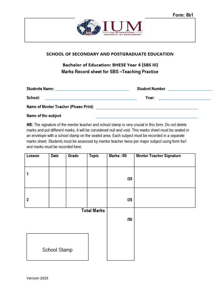 Form 8b1-Mentor Teacher Marks Record Sheet For Teaching Practice | PDF