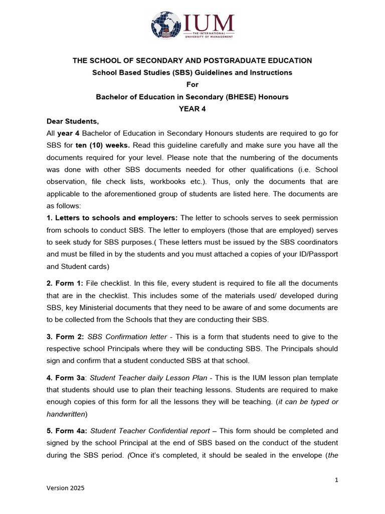 SBS Guidelines for Year 4 Education Students | PDF | Teachers