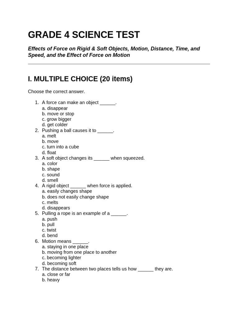 Grade 4 Science Test: Force & Motion | PDF | Force