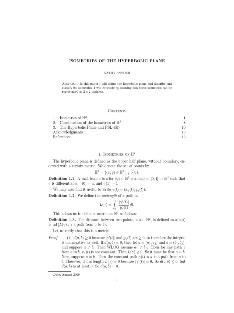 Snyder's Paper On Hyperbolic Isometries. | PDF | Eigenvalues And ...